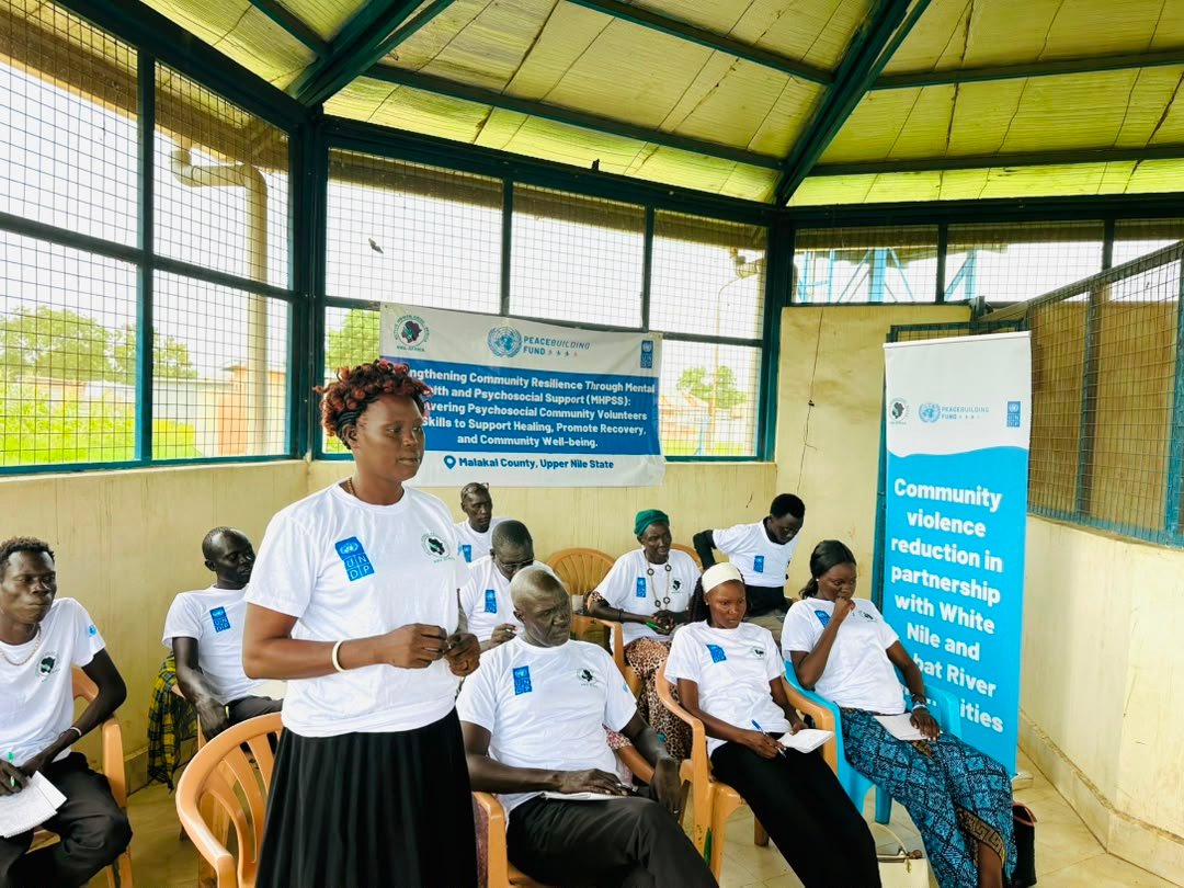 An AWA-AFRICA facilitator leading a psychosocial support session in Malakal